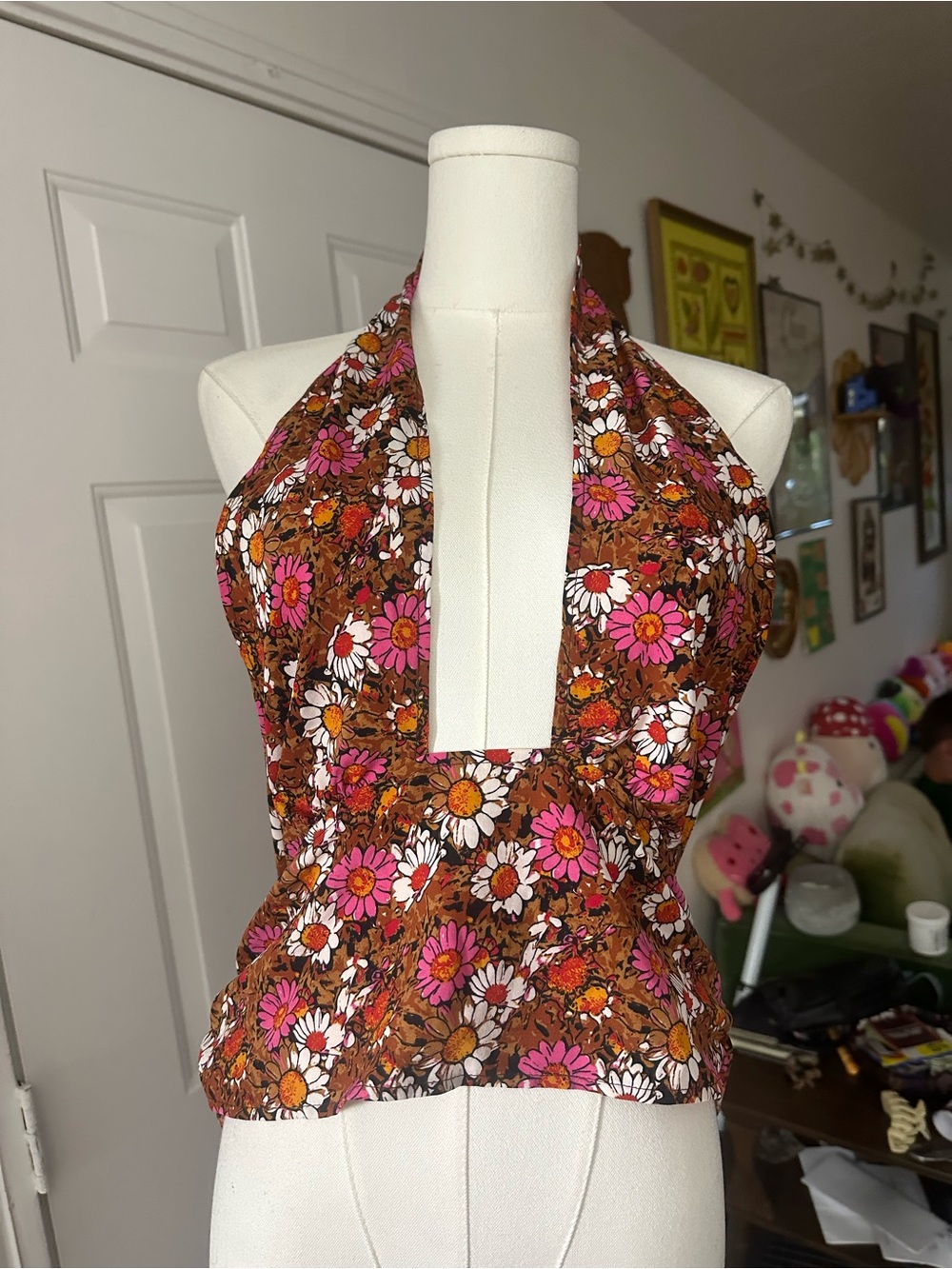 SHEIN Brown Floral Halter Camisole with Pink & White Daisies
